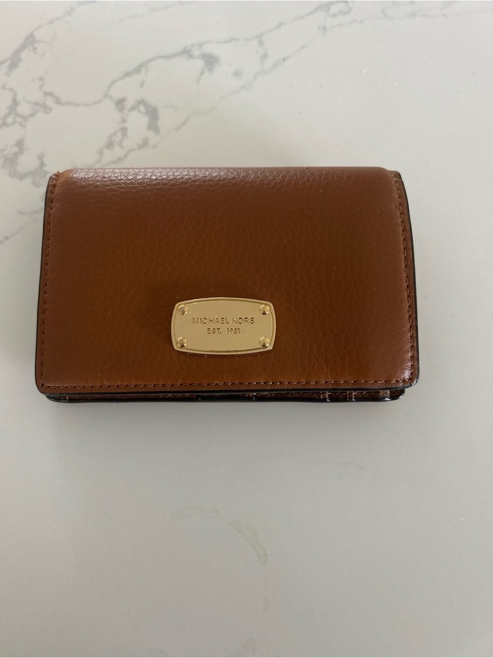 Michael Kors Cognac Leather Compact Wallet with Gold Plaque